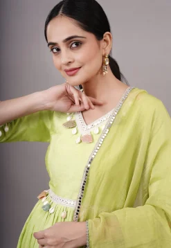Embroidered Dupion Silk Abaya Style Suit in Olive green