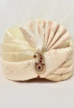 Embroidered Dupion Silk and Georgette Turban in Beige