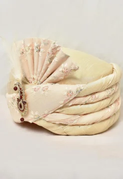 Embroidered Dupion Silk and Georgette Turban in Beige