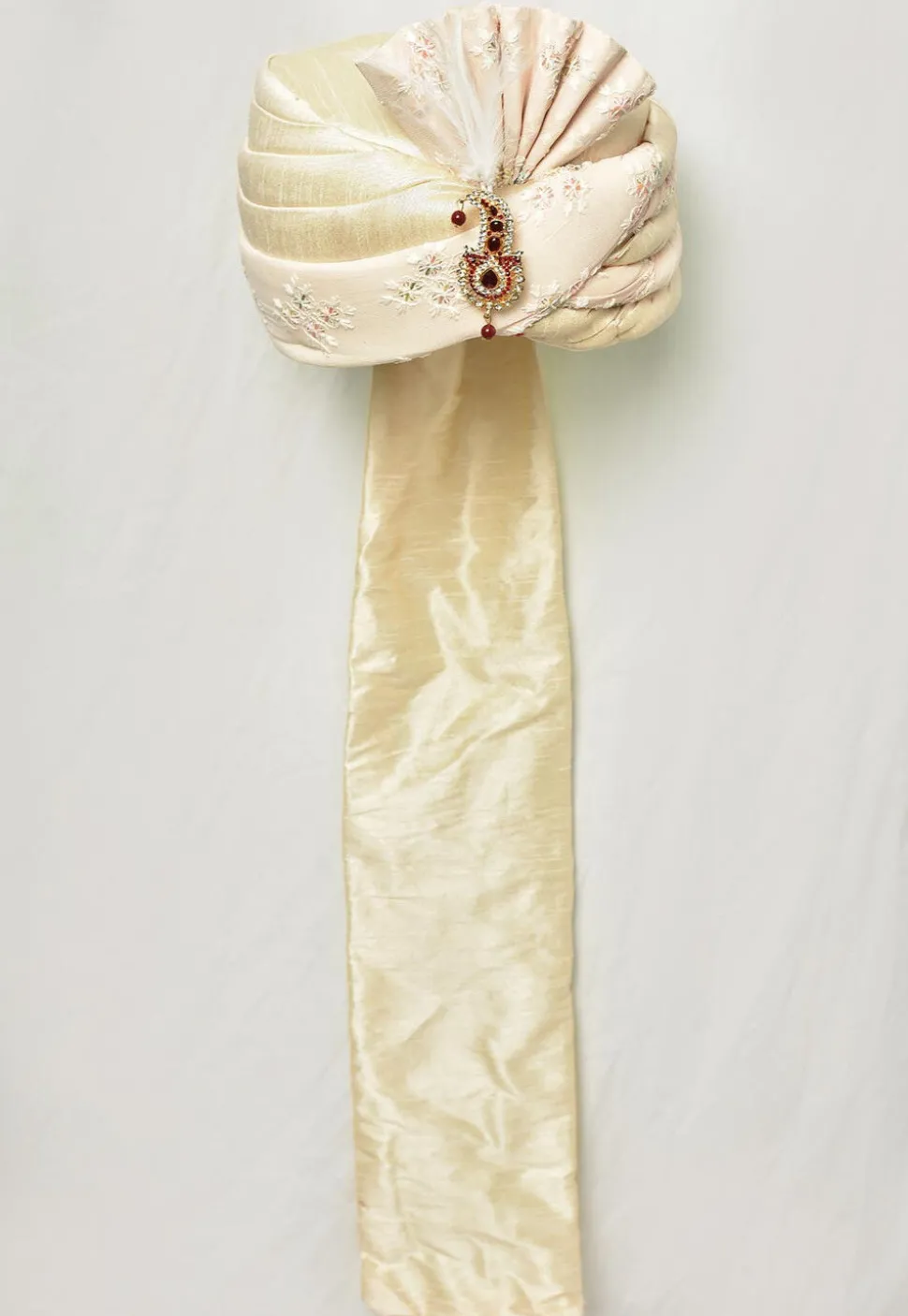 Embroidered Dupion Silk and Georgette Turban in Beige