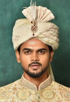Embroidered Dupion Silk and Georgette Turban in Beige