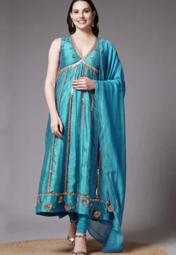 Embroidered Dupion Silk Anarkali Suit in Turquoise