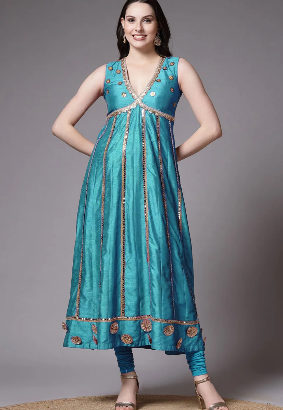 Embroidered Dupion Silk Anarkali Suit in Turquoise