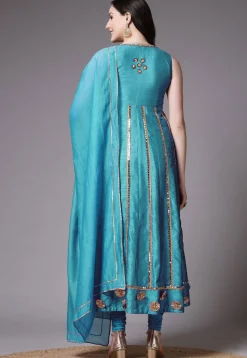 Embroidered Dupion Silk Anarkali Suit in Turquoise