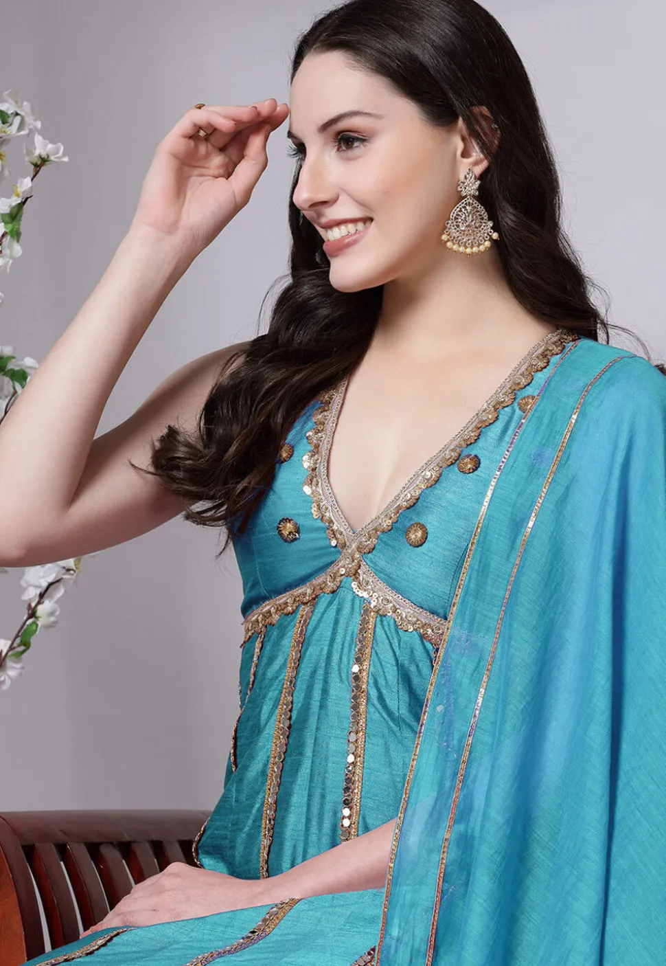 Embroidered Dupion Silk Anarkali Suit in Turquoise