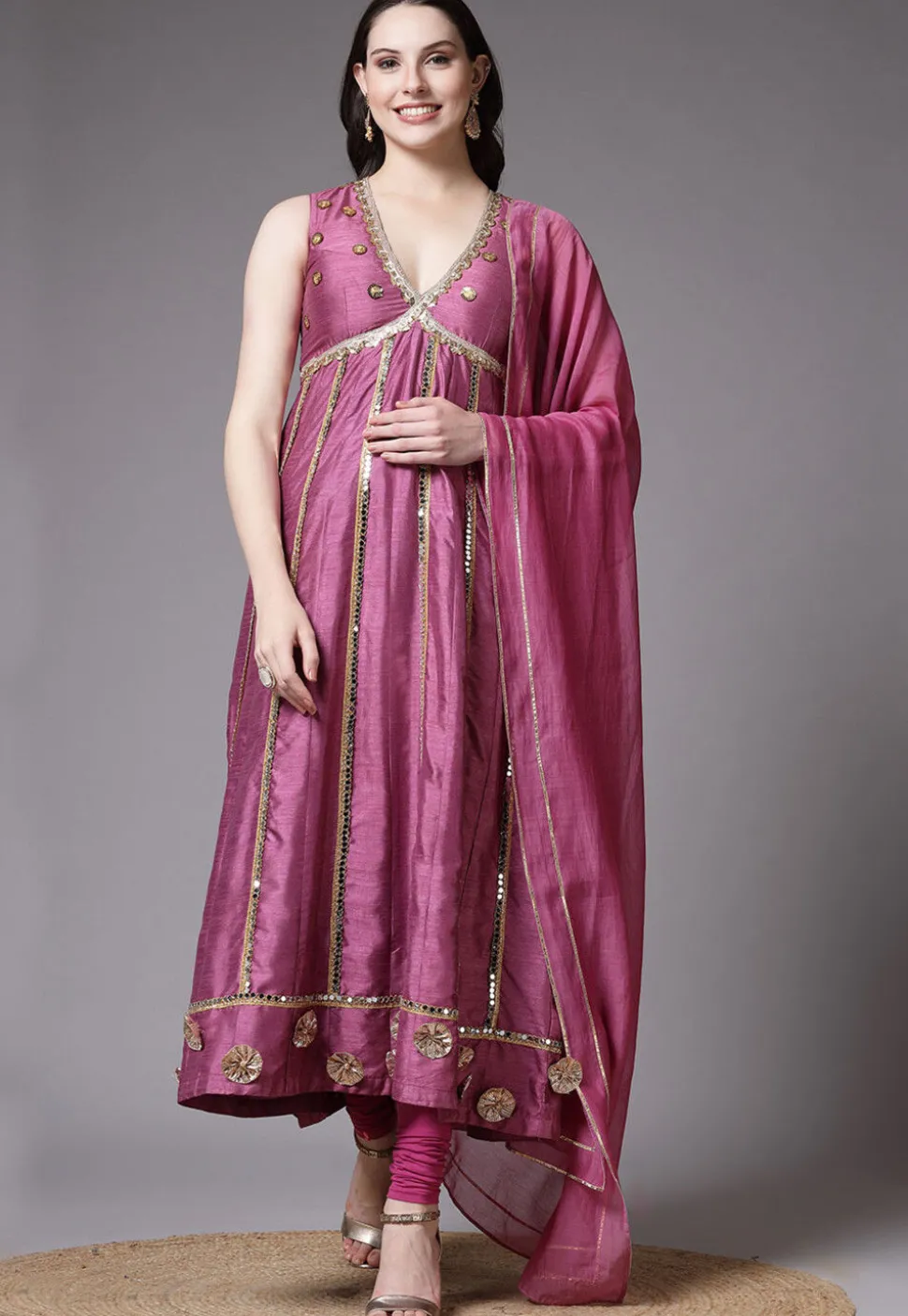 Embroidered Dupion Silk Anarkali Suit in Old Rose