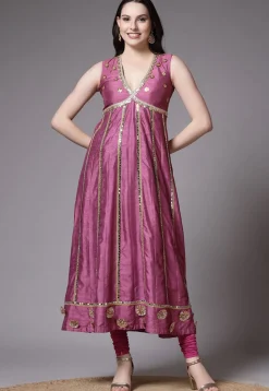 Embroidered Dupion Silk Anarkali Suit in Old Rose