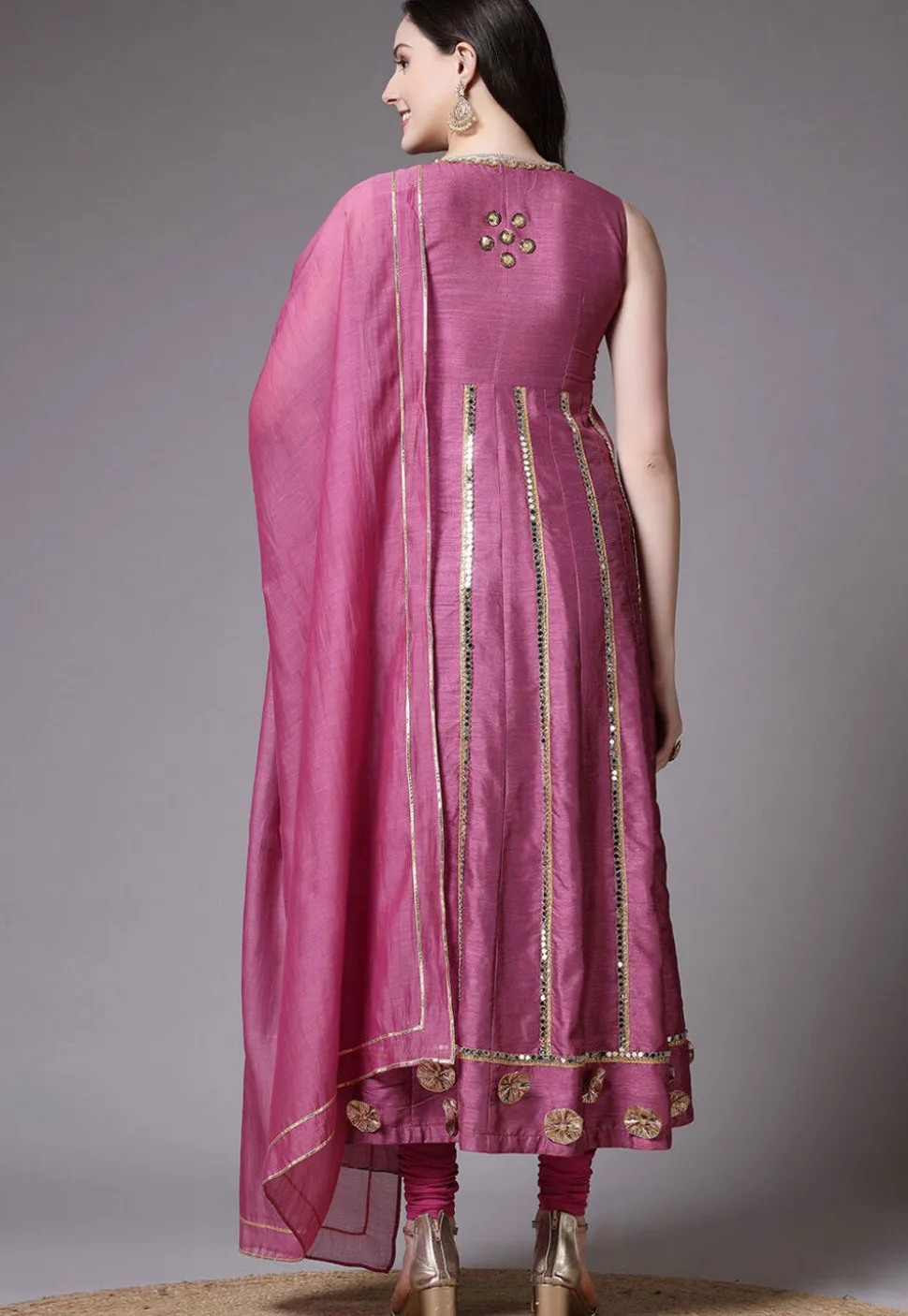 Embroidered Dupion Silk Anarkali Suit in Old Rose