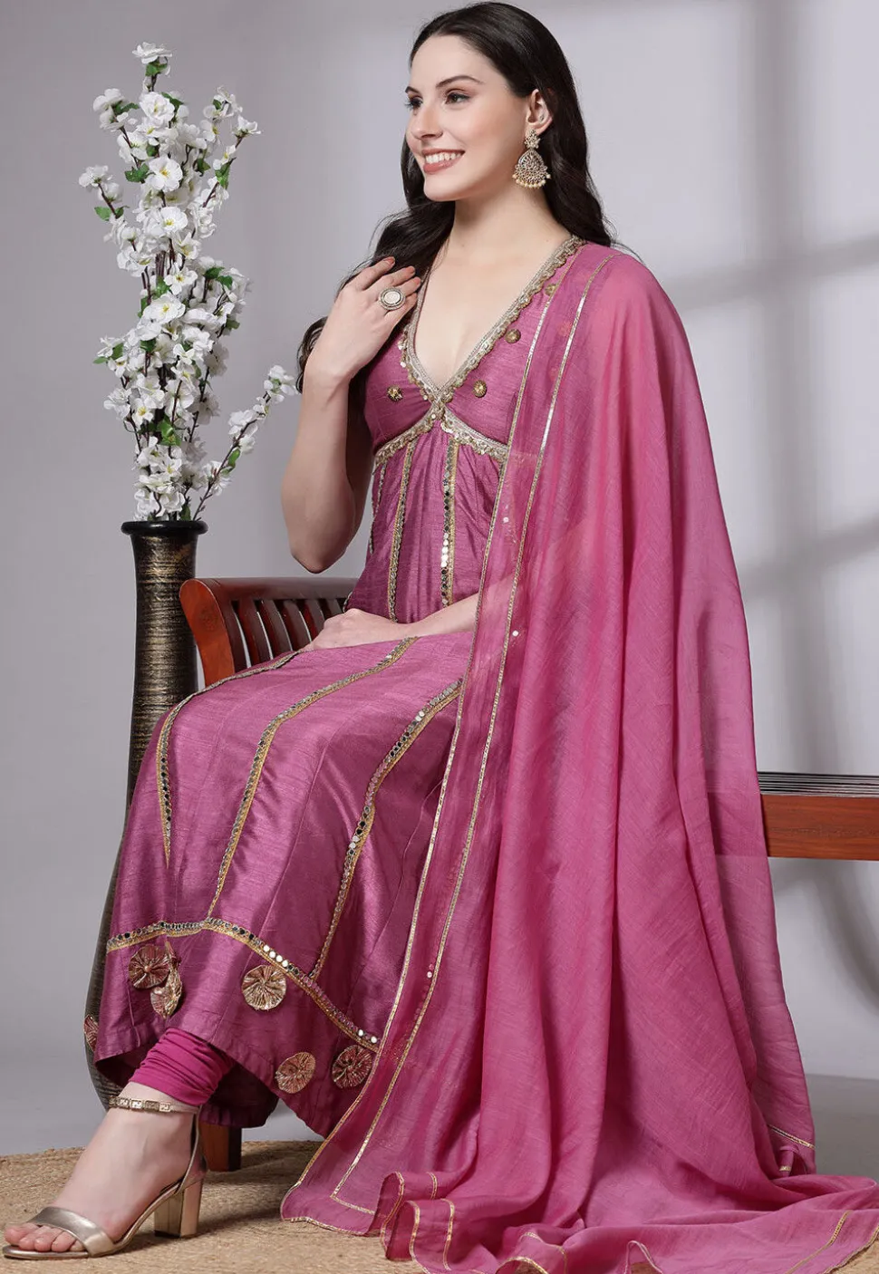 Embroidered Dupion Silk Anarkali Suit in Old Rose