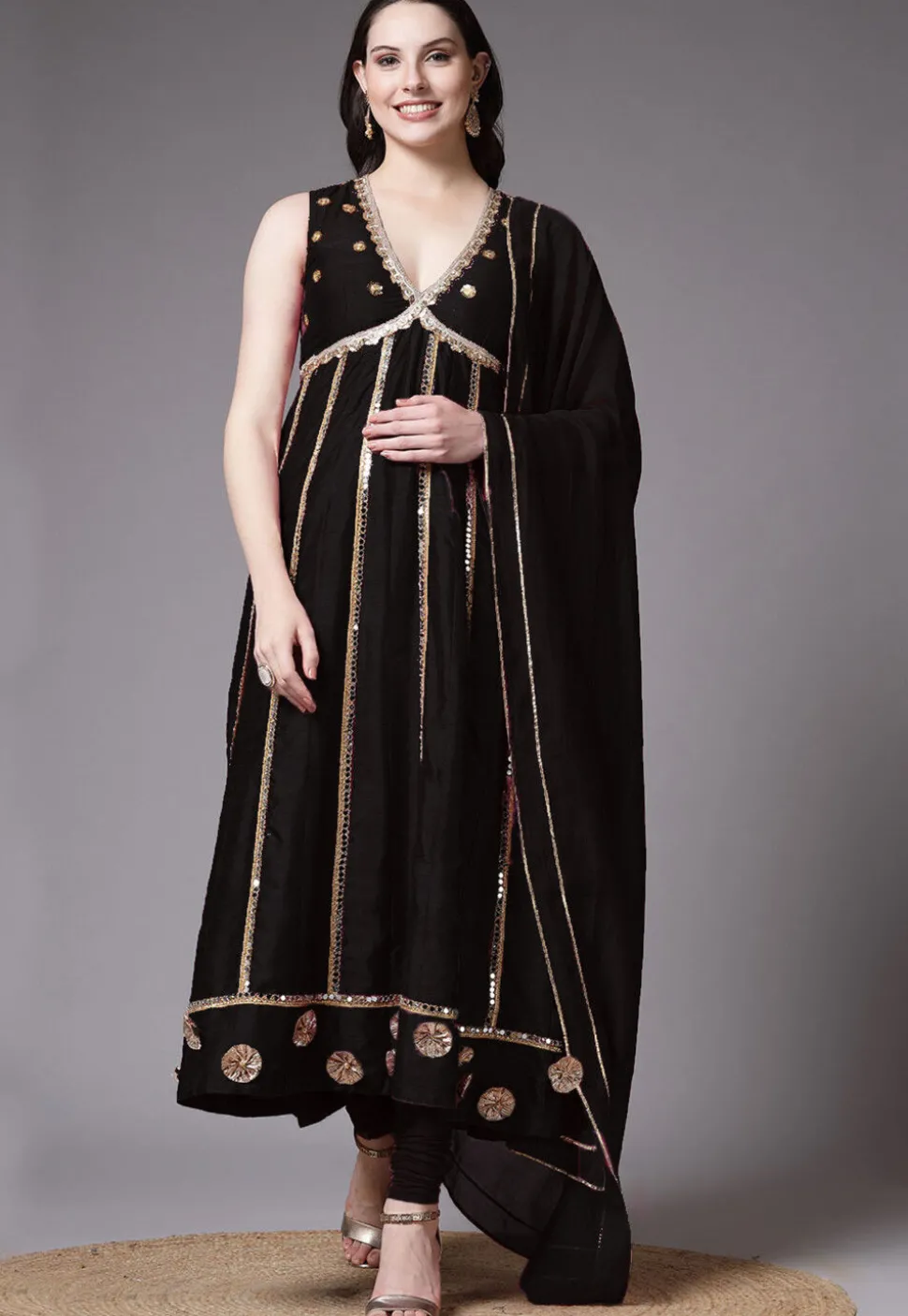 Embroidered Dupion Silk Anarkali Suit in Black