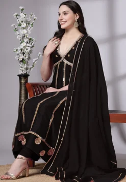 Embroidered Dupion Silk Anarkali Suit in Black