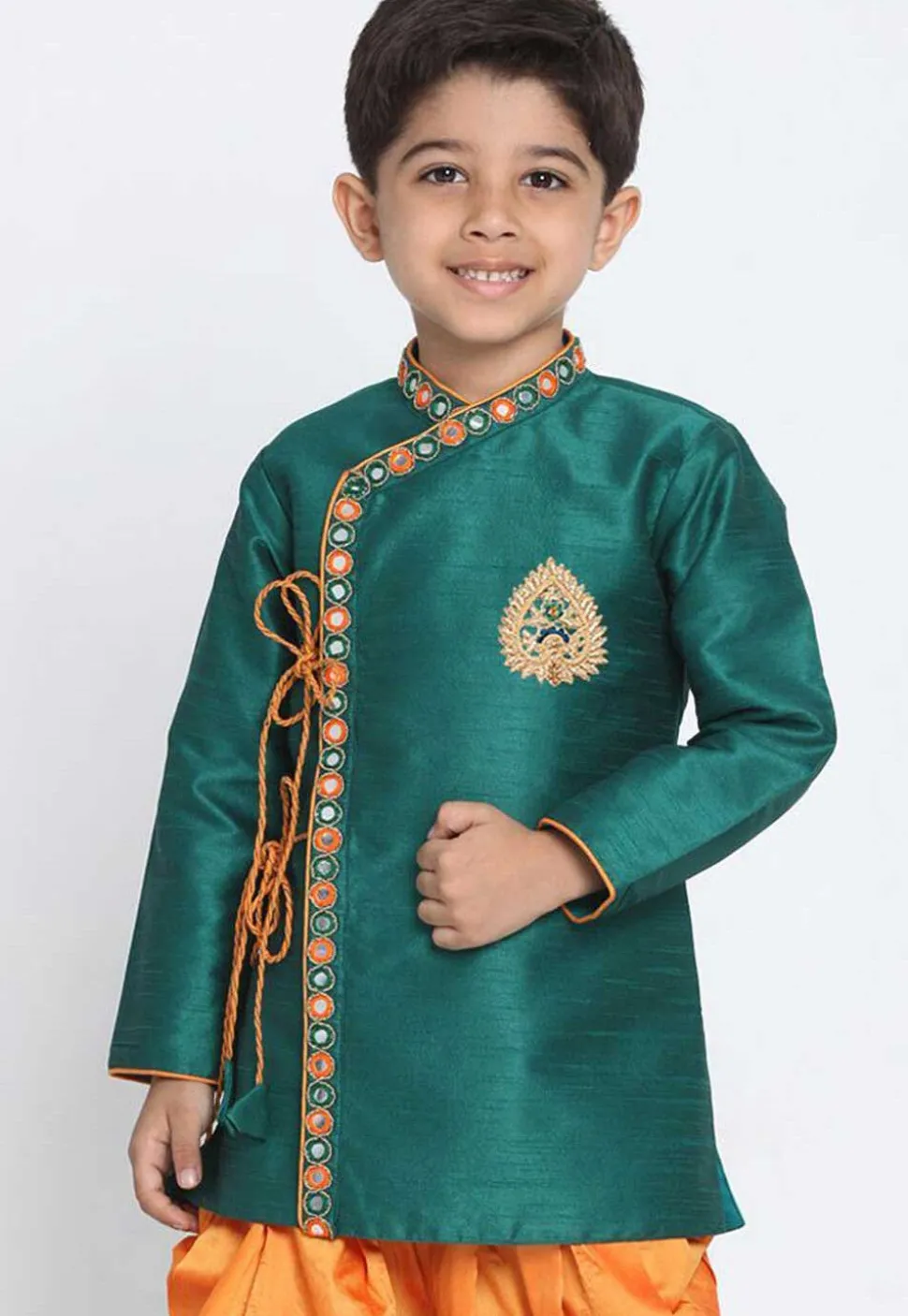 Embroidered Dupion Silk Angrakha Style Kurta in Teal Green