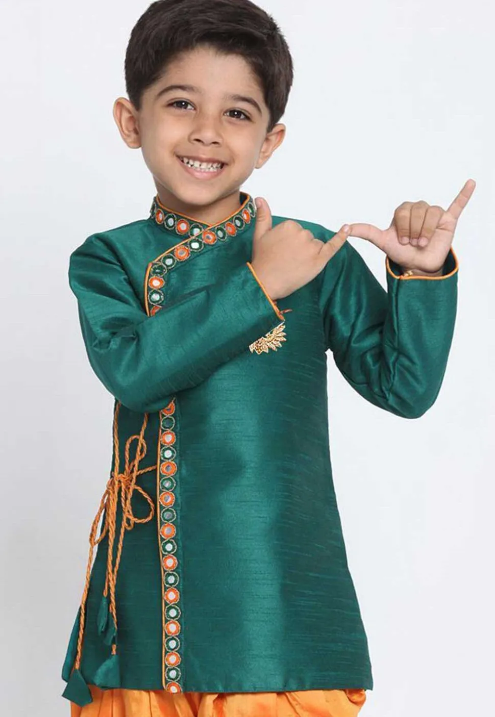 Embroidered Dupion Silk Angrakha Style Kurta in Teal Green