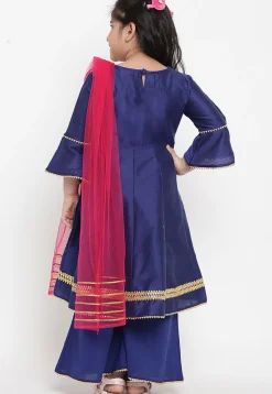 Embroidered Dupion Silk Anarkali Suit in Navy Blue