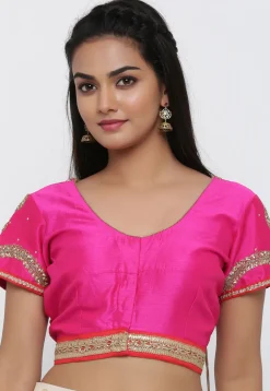 Embroidered Dupion Silk Blouse in Fuchsia