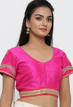 Embroidered Dupion Silk Blouse in Fuchsia