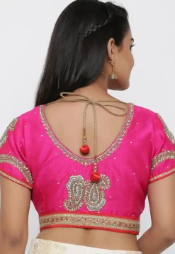 Embroidered Dupion Silk Blouse in Fuchsia