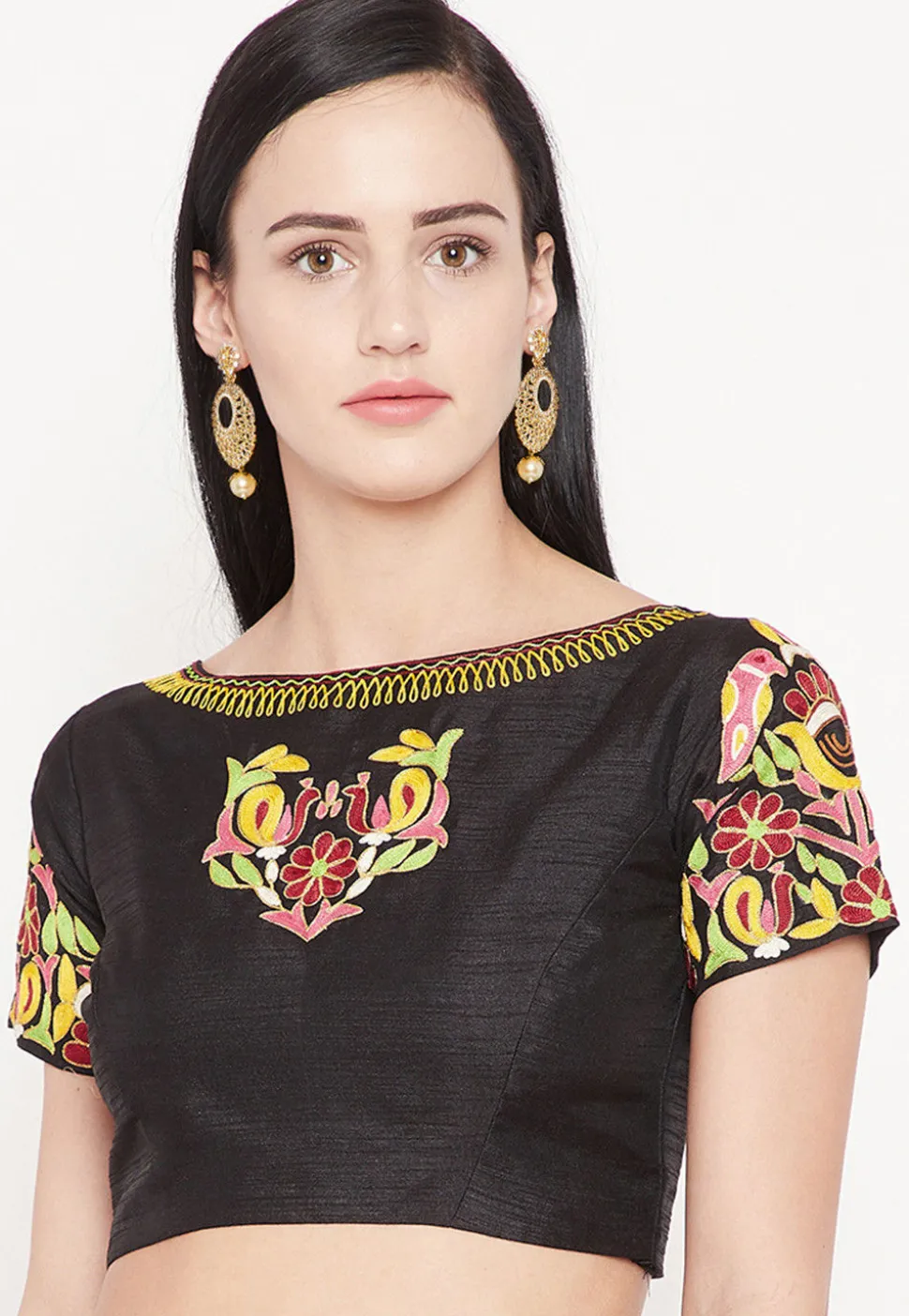 Embroidered Dupion Silk Blouse in Black