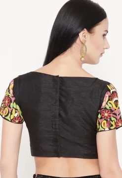Embroidered Dupion Silk Blouse in Black