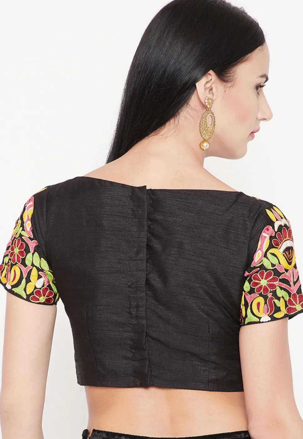 Embroidered Dupion Silk Blouse in Black