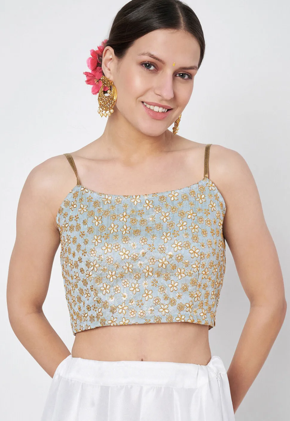Embroidered Dupion Silk Blouse in Dusty Blue