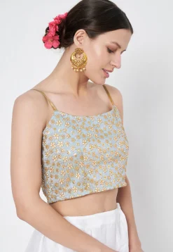 Embroidered Dupion Silk Blouse in Dusty Blue