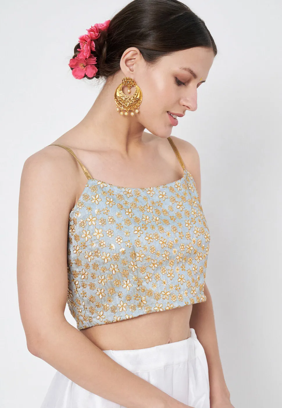 Embroidered Dupion Silk Blouse in Dusty Blue