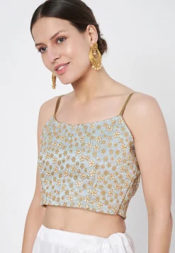 Embroidered Dupion Silk Blouse in Dusty Blue