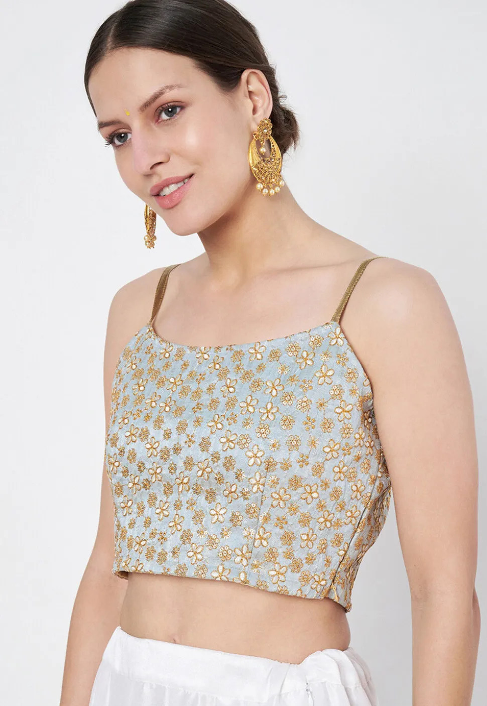 Embroidered Dupion Silk Blouse in Dusty Blue
