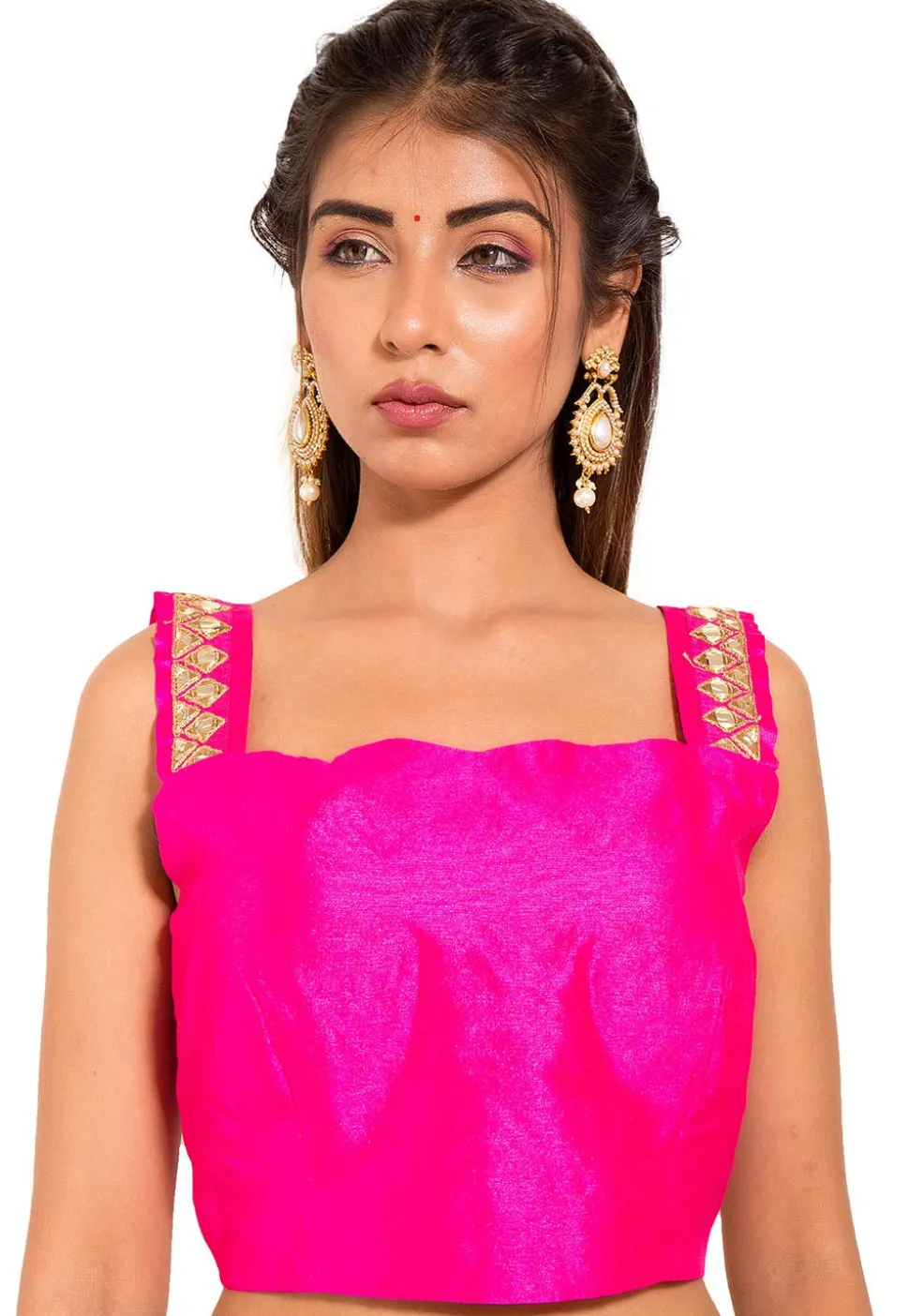 Embroidered Dupion Silk Blouse in Fuchsia