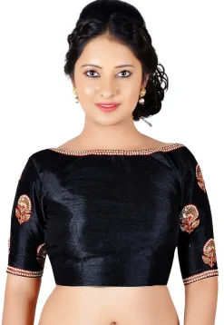 Embroidered Dupion Silk Blouse in Black