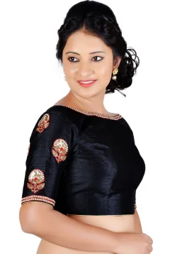 Embroidered Dupion Silk Blouse in Black