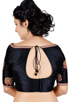 Embroidered Dupion Silk Blouse in Black
