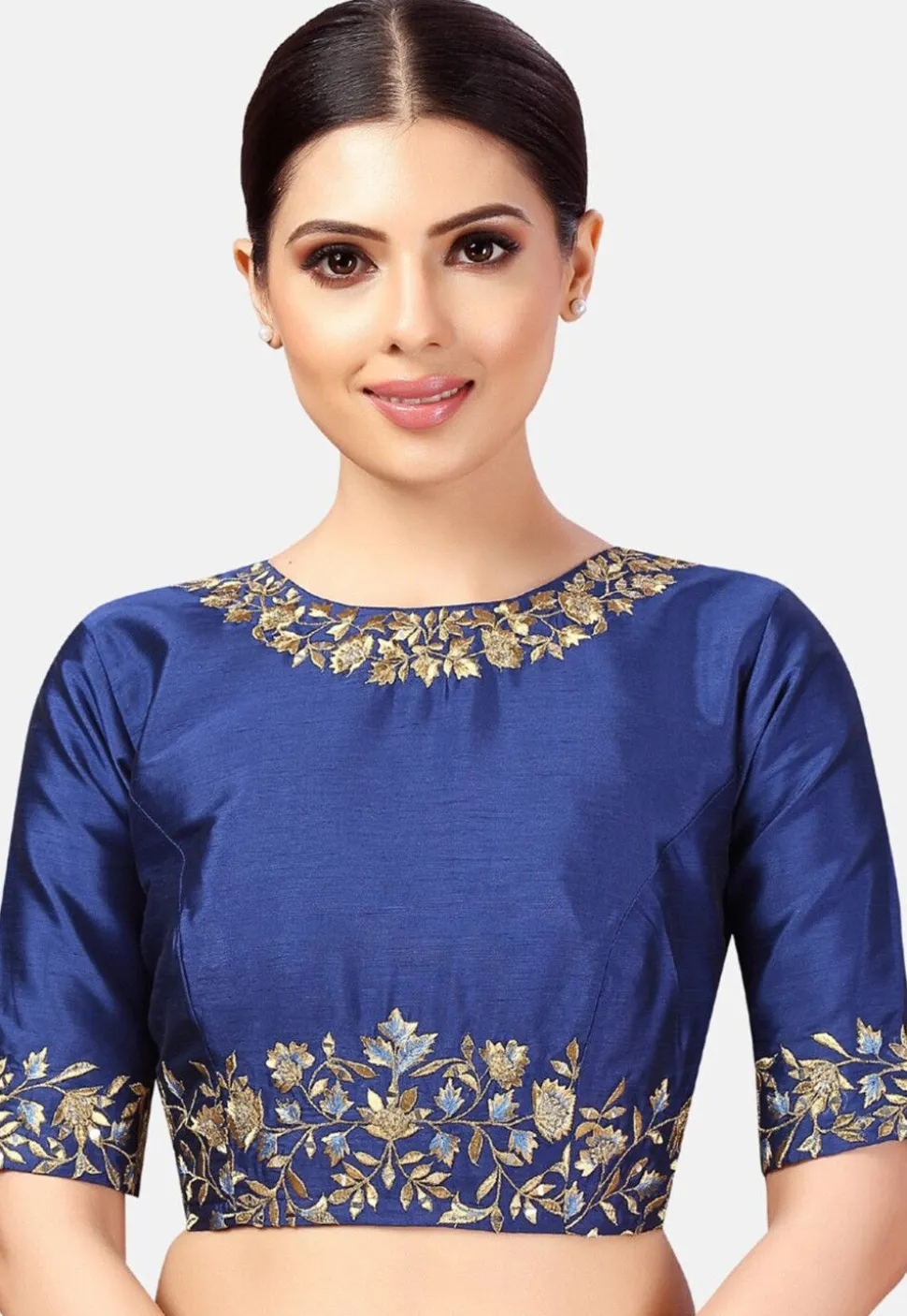 Embroidered Dupion Silk Blouse in Royal Blue