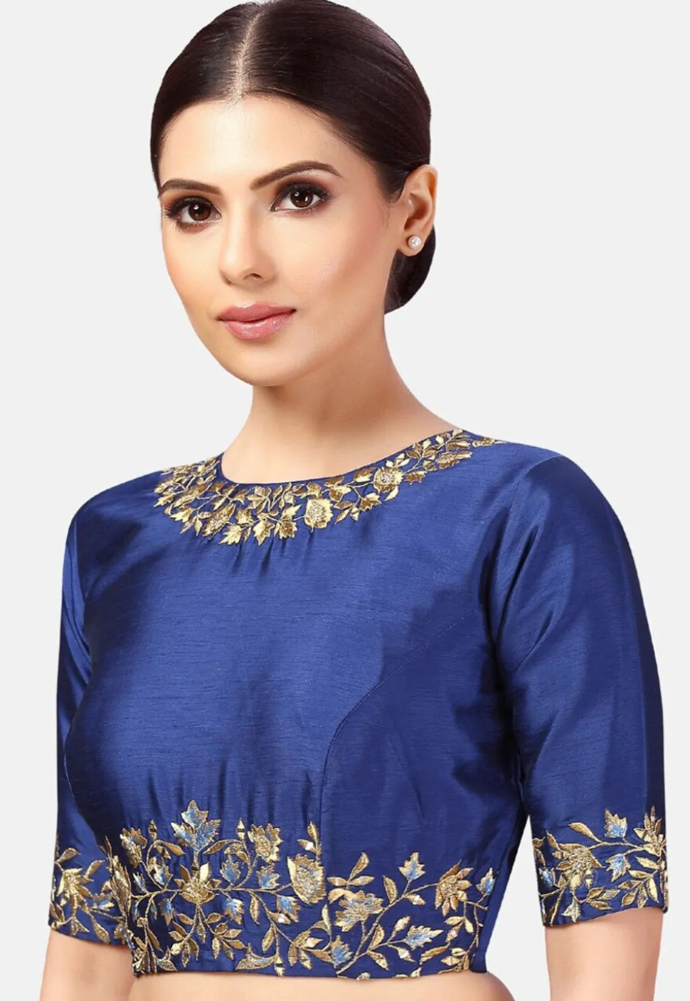 Embroidered Dupion Silk Blouse in Royal Blue