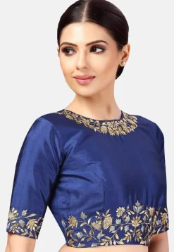 Embroidered Dupion Silk Blouse in Royal Blue