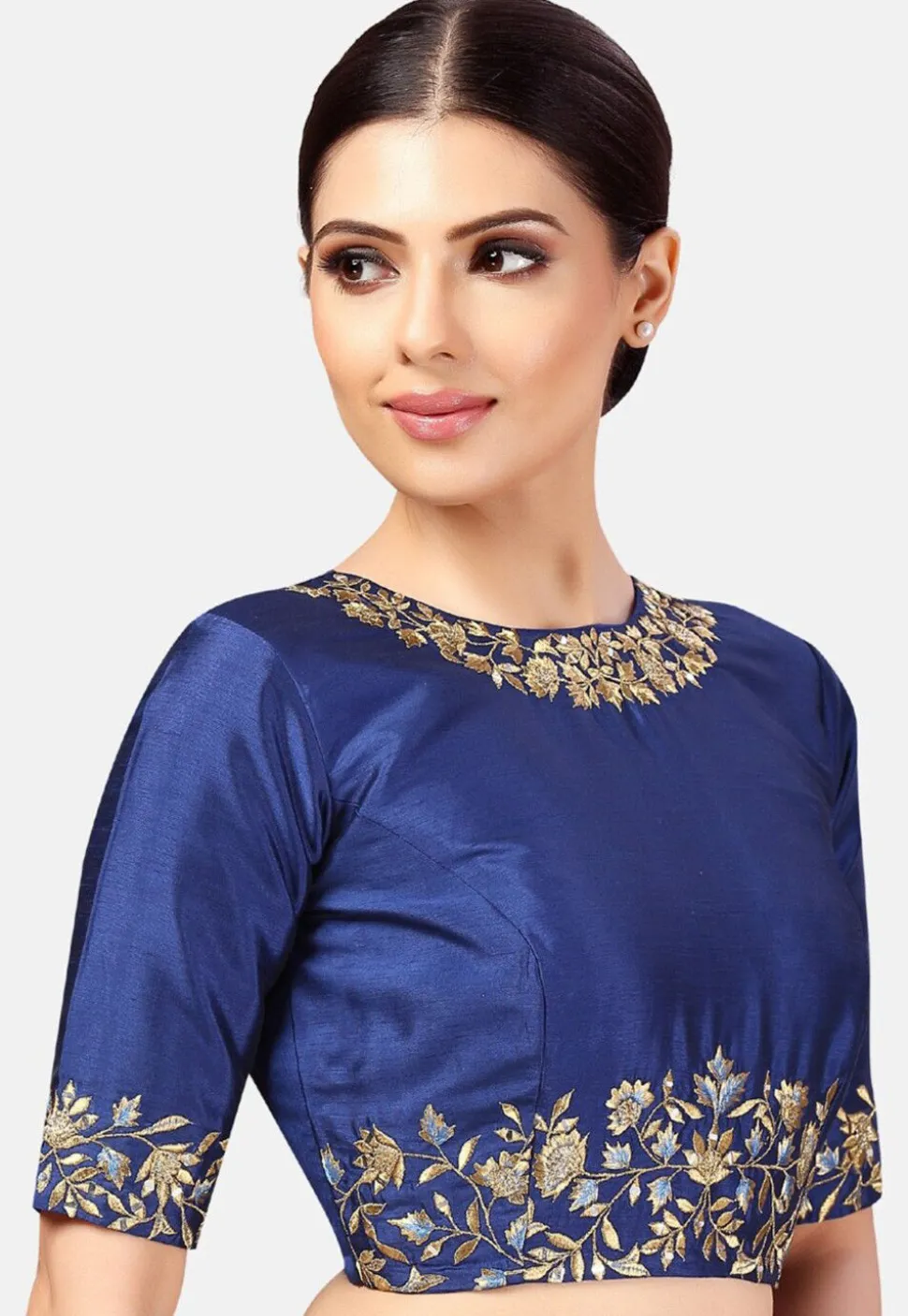 Embroidered Dupion Silk Blouse in Royal Blue