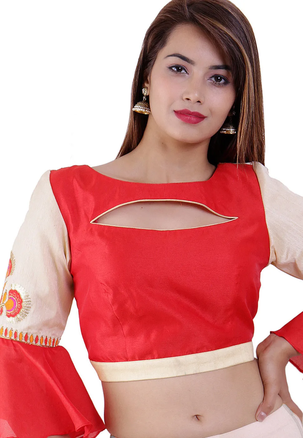Embroidered Dupion Silk Blouse in Red And Beige