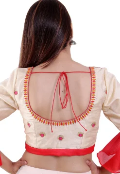 Embroidered Dupion Silk Blouse in Red And Beige
