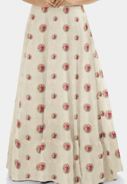 Embroidered Dupion Silk Circular Skirt in Beige