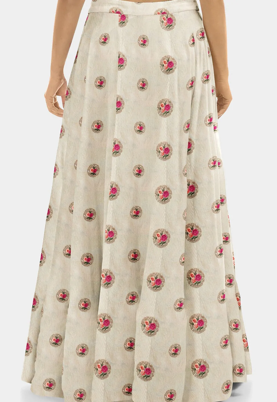 Embroidered Dupion Silk Circular Skirt in Beige