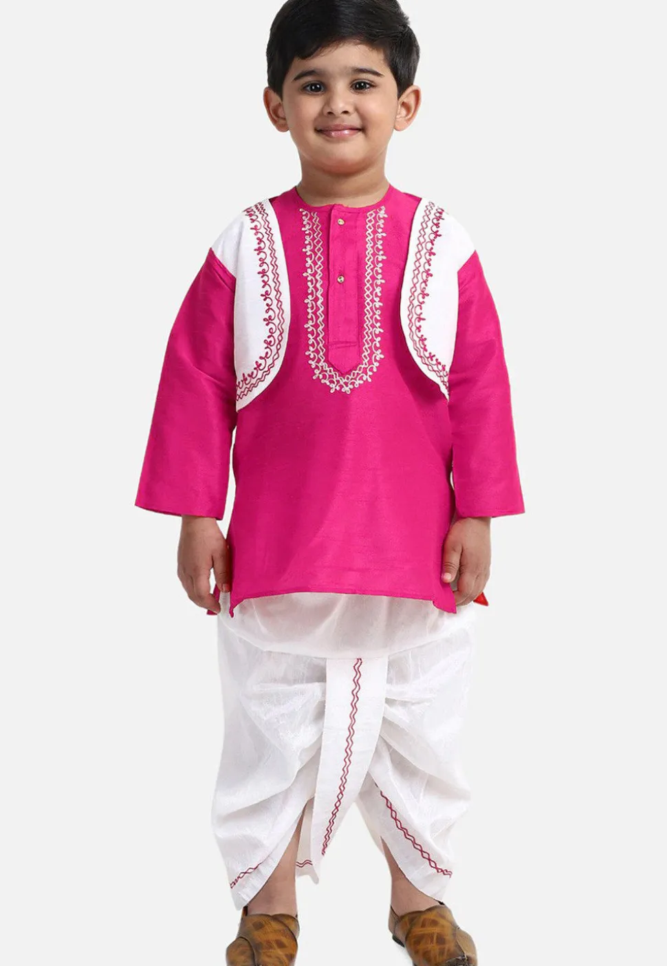 Embroidered Dupion Silk Dhoti Kurta in Fuchsia