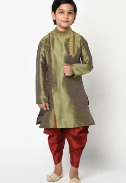 Embroidered Dupion Silk Dhoti Kurta in Olive Green