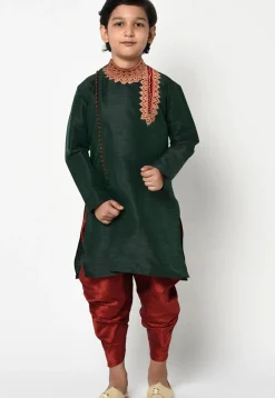 Embroidered Dupion Silk Dhoti Kurta in Dark Green
