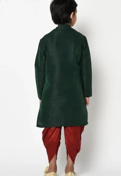 Embroidered Dupion Silk Dhoti Kurta in Dark Green