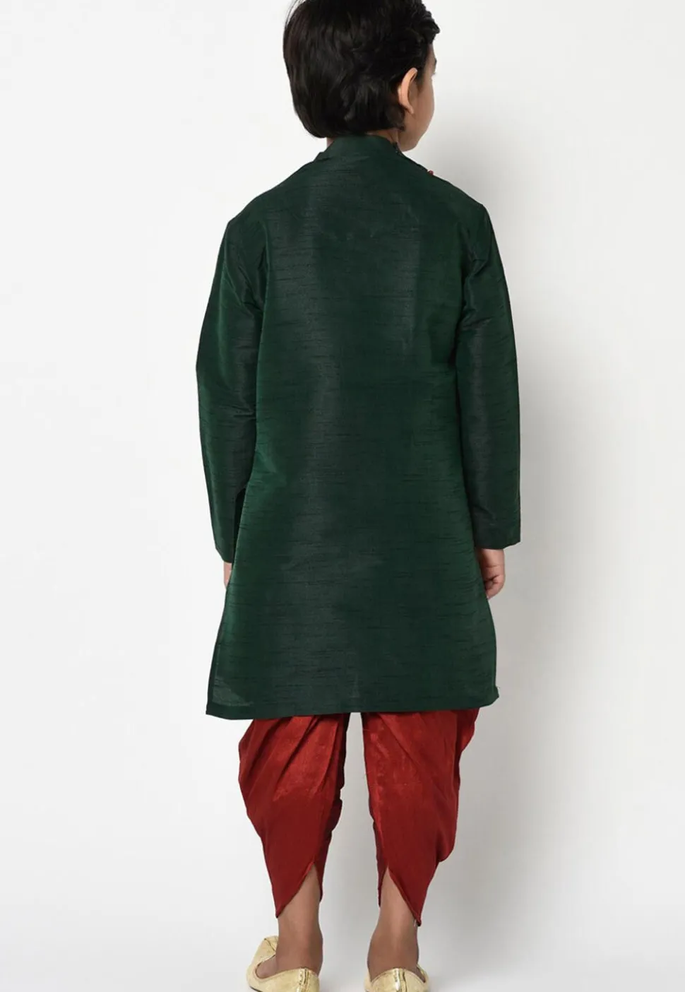 Embroidered Dupion Silk Dhoti Kurta in Dark Green
