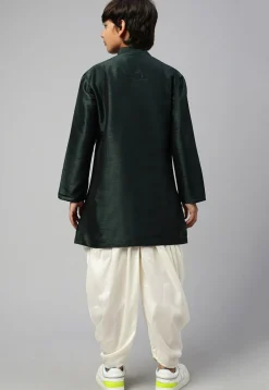Embroidered Dupion Silk Dhoti Kurta Set in Dark Green