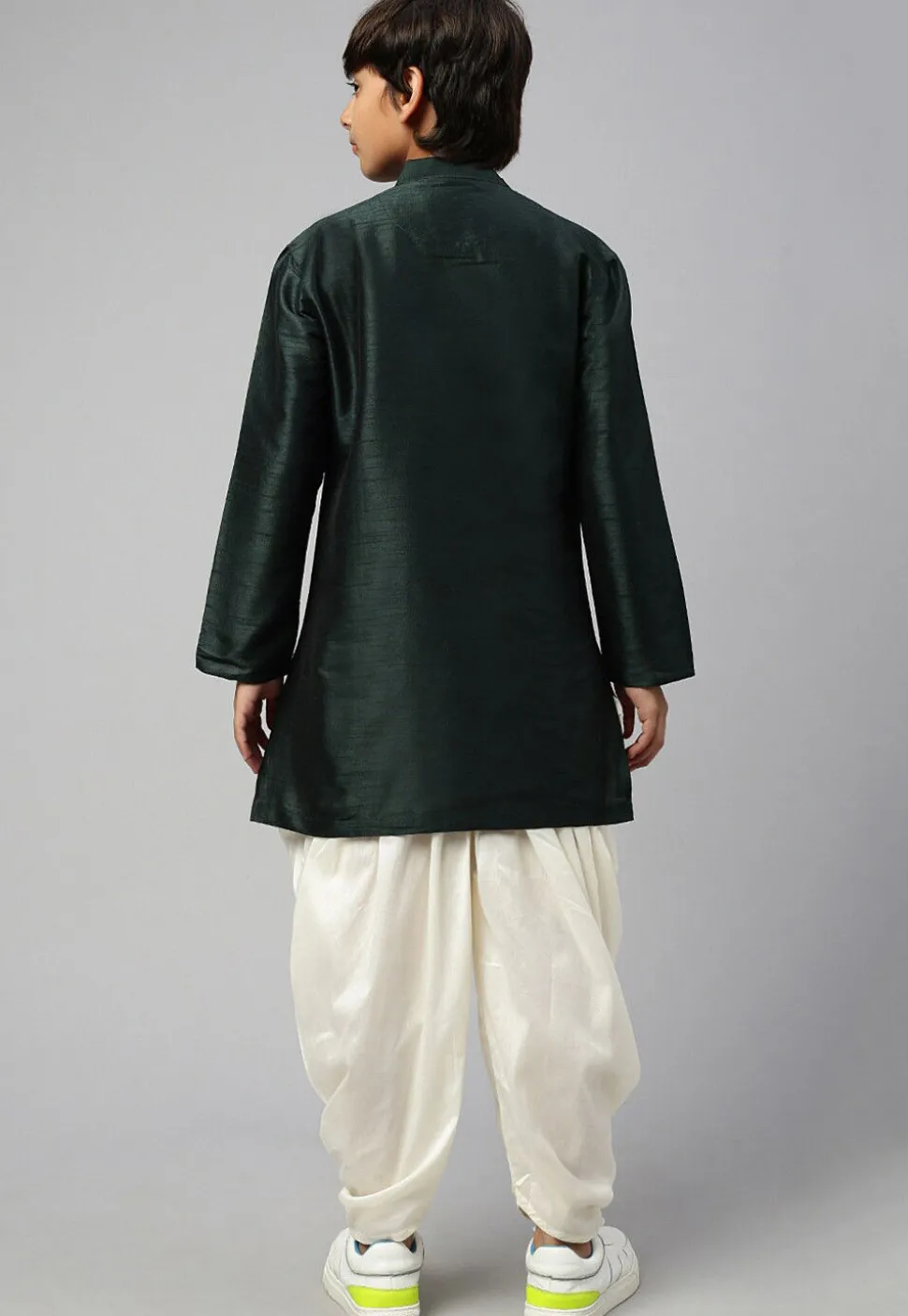 Embroidered Dupion Silk Dhoti Kurta Set in Dark Green