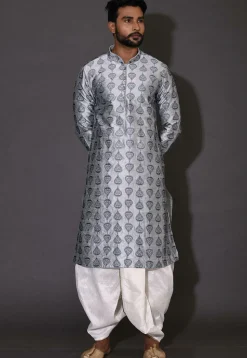 Embroidered Dupion Silk Dhoti Kurta in Grey