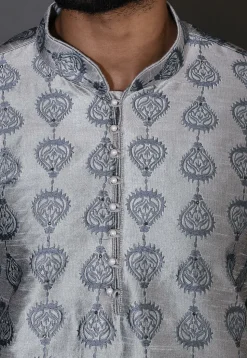 Embroidered Dupion Silk Dhoti Kurta in Grey